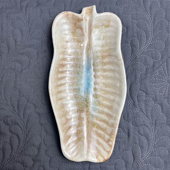 Vintage Geode Leaf Pottery Glazed Green, Blue & Brown Trinket Dish/Tray 9” x 1” - Picture 2 of 4